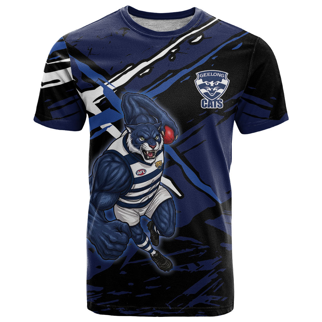 Geelong Football Club T Shirt Cats Muscular Mascot Graphic - Abstract Paint Splatter Art