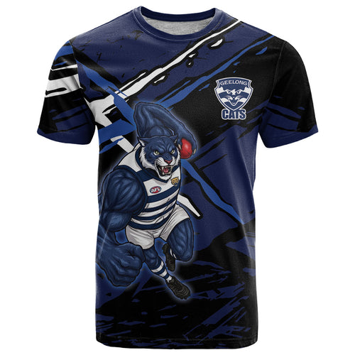 Geelong Football Club T Shirt Cats Muscular Mascot Graphic - Abstract Paint Splatter Art