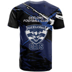 Geelong Football Club T Shirt Cats Muscular Mascot Graphic - Abstract Paint Splatter Art