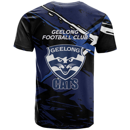Geelong Football Club T Shirt Cats Muscular Mascot Graphic - Abstract Paint Splatter Art
