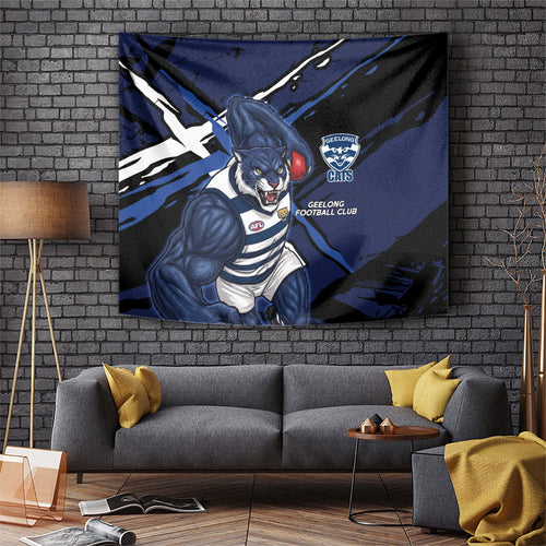 Geelong Football Club Tapestry Cats Muscular Mascot Graphic - Abstract Paint Splatter Art