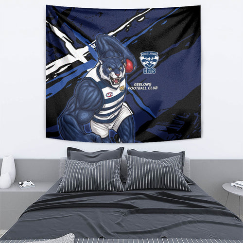 Geelong Football Club Tapestry Cats Muscular Mascot Graphic - Abstract Paint Splatter Art