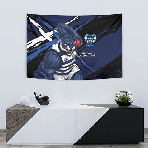 Geelong Football Club Tapestry Cats Muscular Mascot Graphic - Abstract Paint Splatter Art
