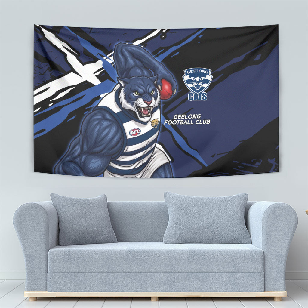 Geelong Football Club Tapestry Cats Muscular Mascot Graphic - Abstract Paint Splatter Art