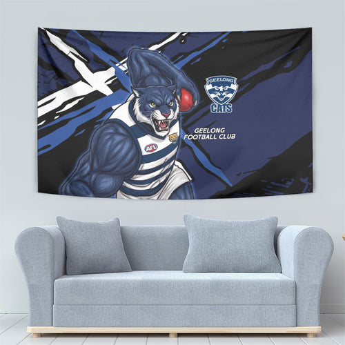 Geelong Football Club Tapestry Cats Muscular Mascot Graphic - Abstract Paint Splatter Art