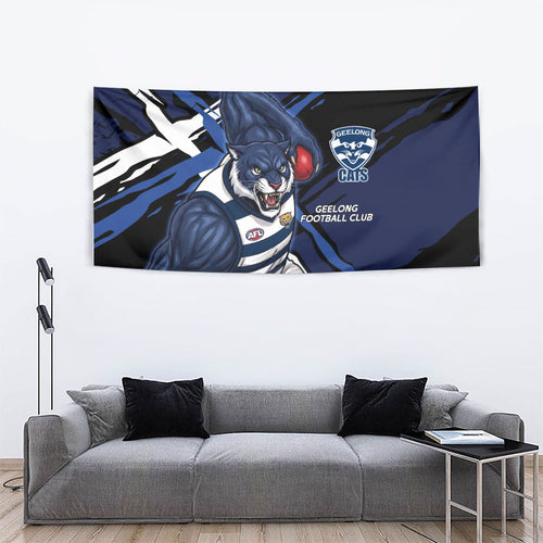 Geelong Football Club Tapestry Cats Muscular Mascot Graphic - Abstract Paint Splatter Art