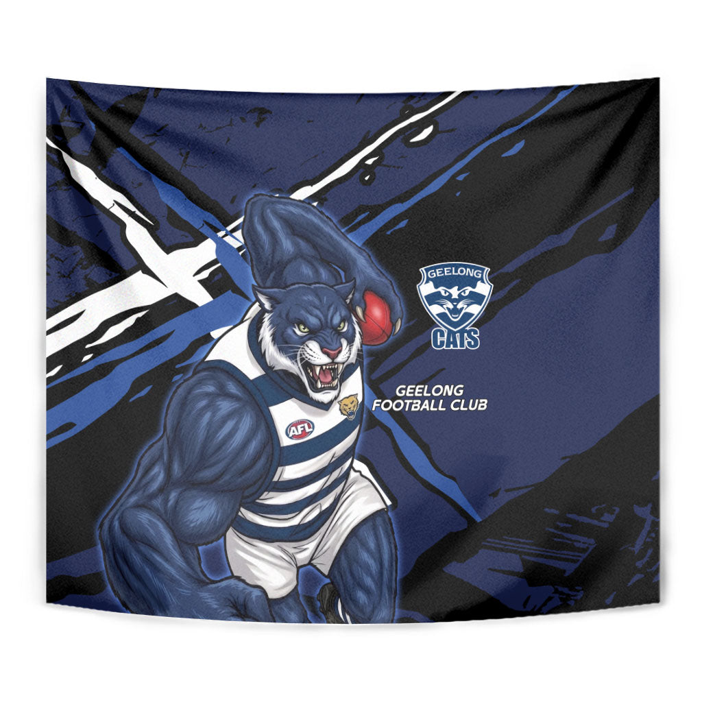 Geelong Football Club Tapestry Cats Muscular Mascot Graphic - Abstract Paint Splatter Art