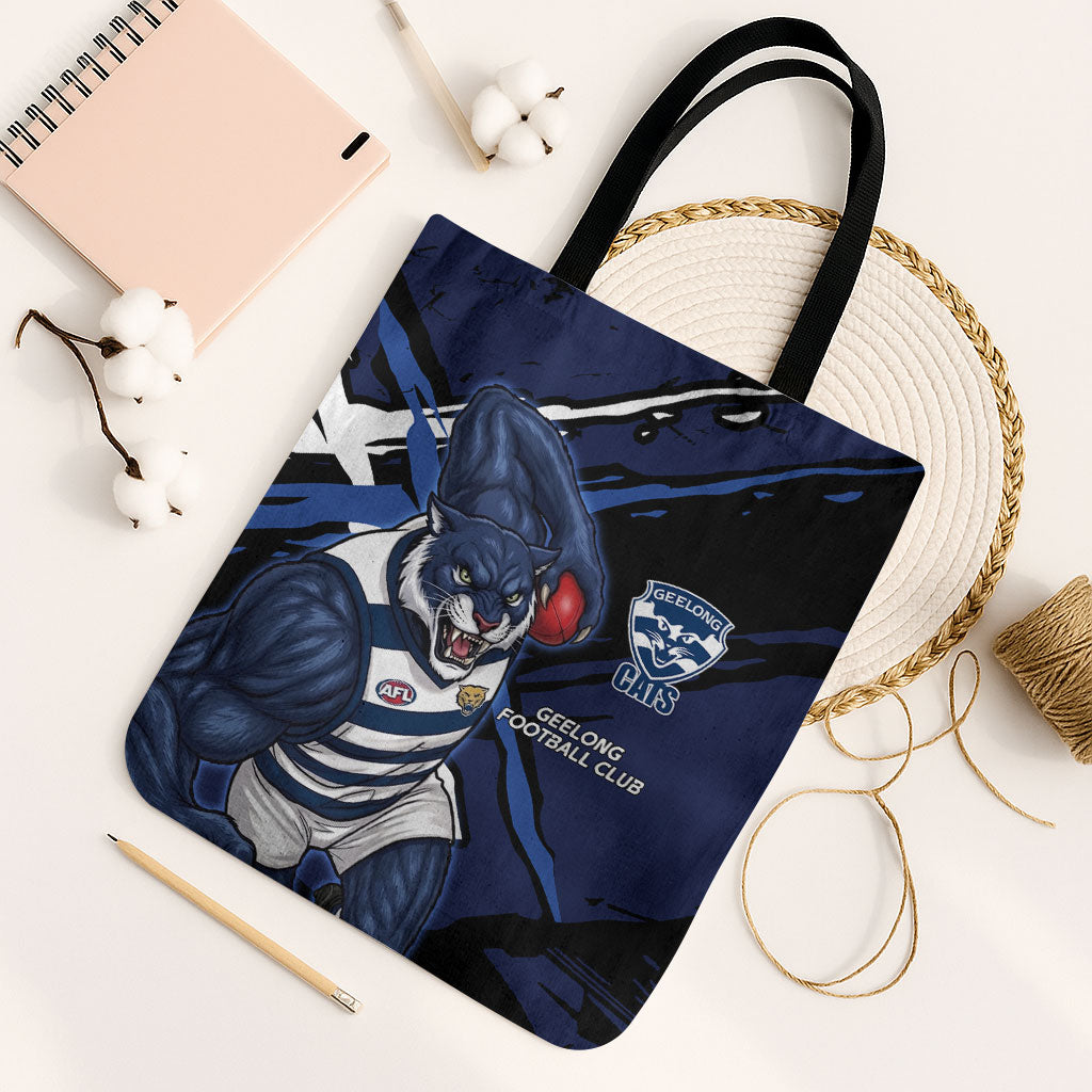 Geelong Football Club Tote Bag Cats Muscular Mascot Graphic - Abstract Paint Splatter Art