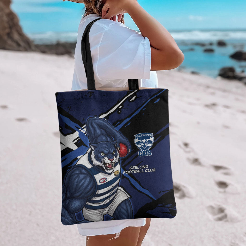 Geelong Football Club Tote Bag Cats Muscular Mascot Graphic - Abstract Paint Splatter Art