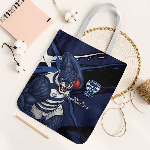 Geelong Football Club Tote Bag Cats Muscular Mascot Graphic - Abstract Paint Splatter Art