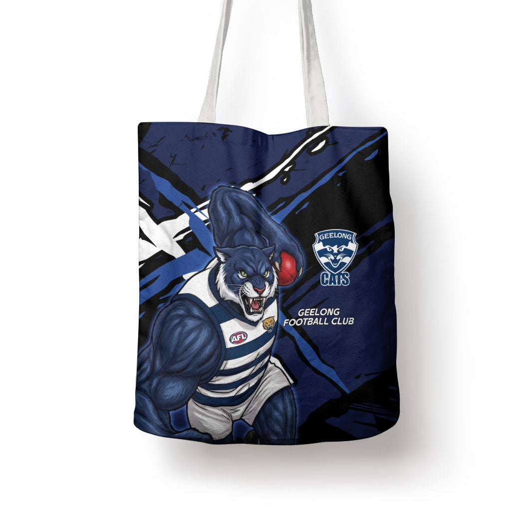Geelong Football Club Tote Bag Cats Muscular Mascot Graphic - Abstract Paint Splatter Art