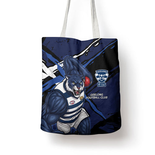 Geelong Football Club Tote Bag Cats Muscular Mascot Graphic - Abstract Paint Splatter Art
