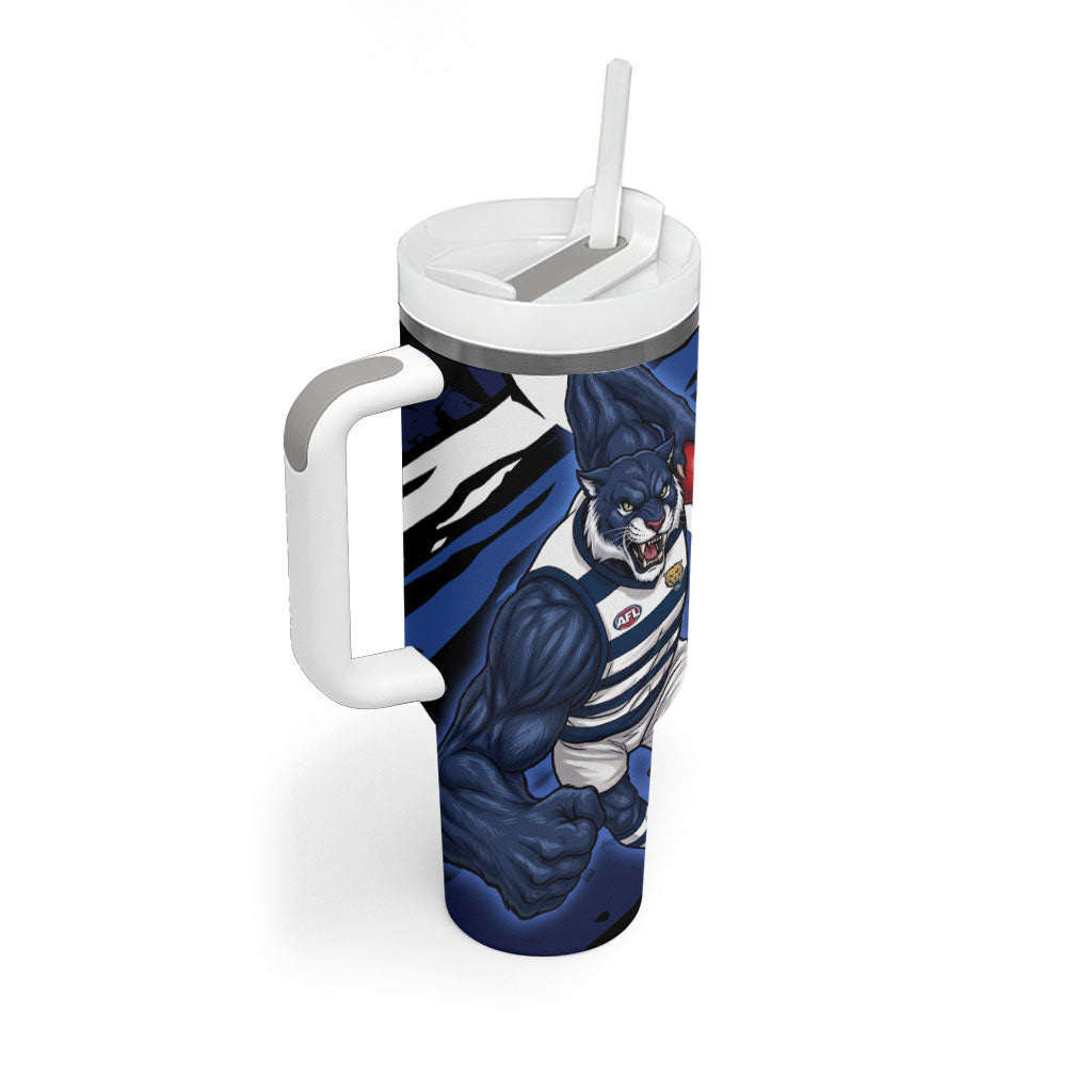 Geelong Football Club Tumbler With Handle Cats Muscular Mascot Graphic - Abstract Paint Splatter Art