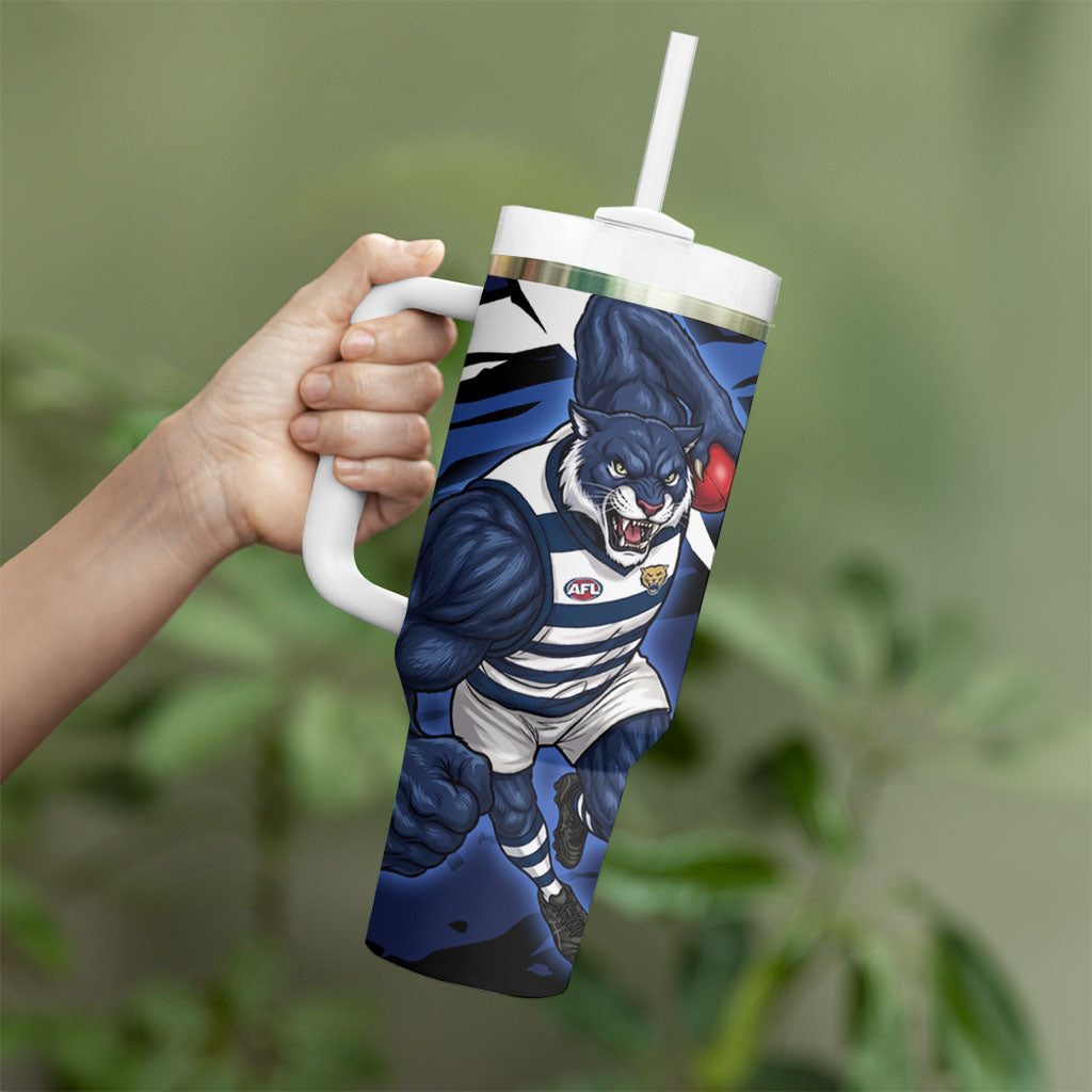 Geelong Football Club Tumbler With Handle Cats Muscular Mascot Graphic - Abstract Paint Splatter Art