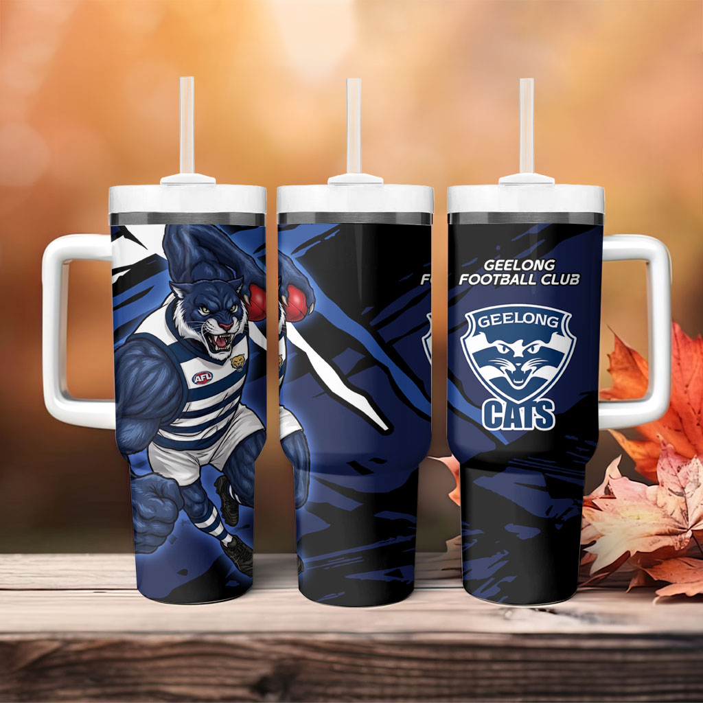 Geelong Football Club Tumbler With Handle Cats Muscular Mascot Graphic - Abstract Paint Splatter Art