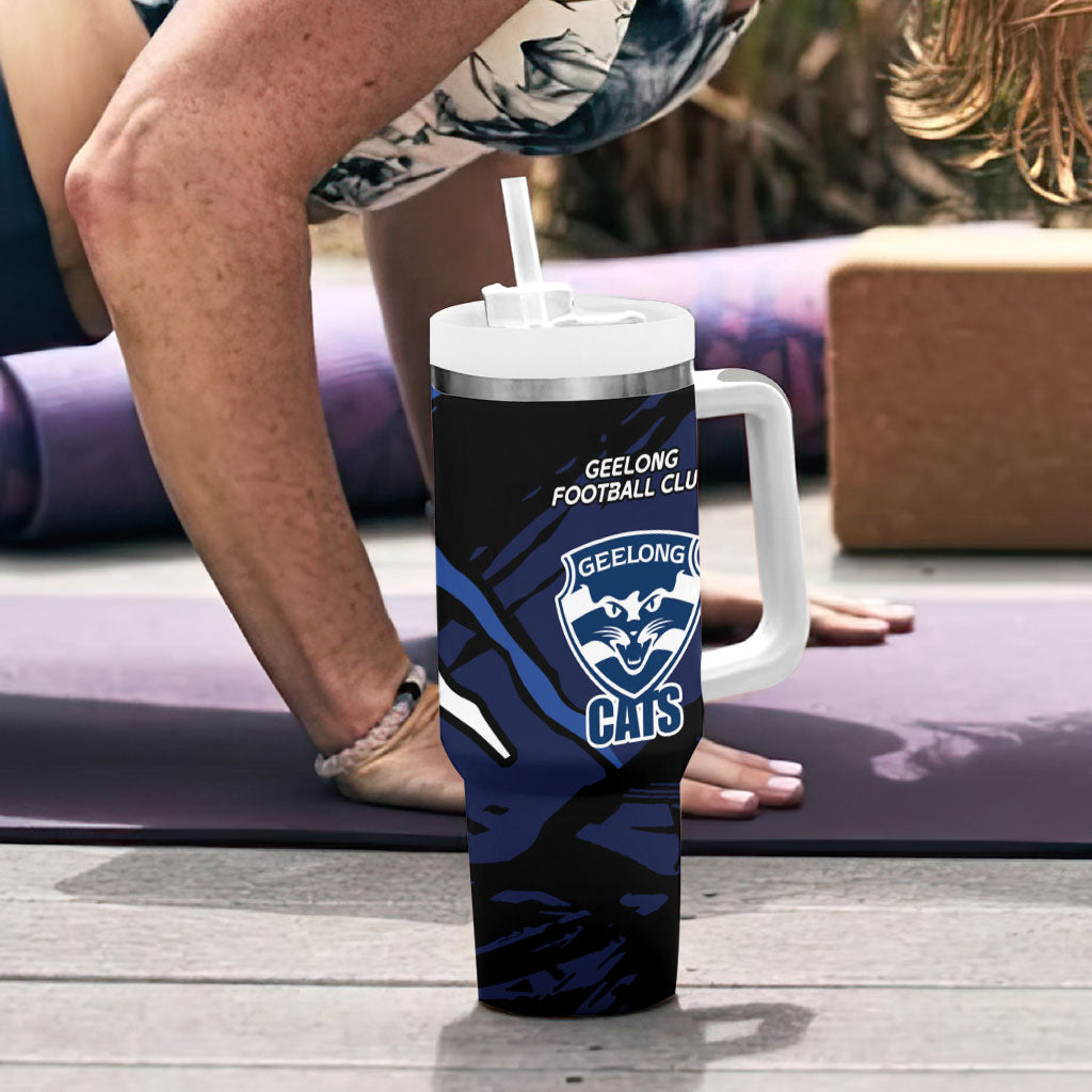 Geelong Football Club Tumbler With Handle Cats Muscular Mascot Graphic - Abstract Paint Splatter Art
