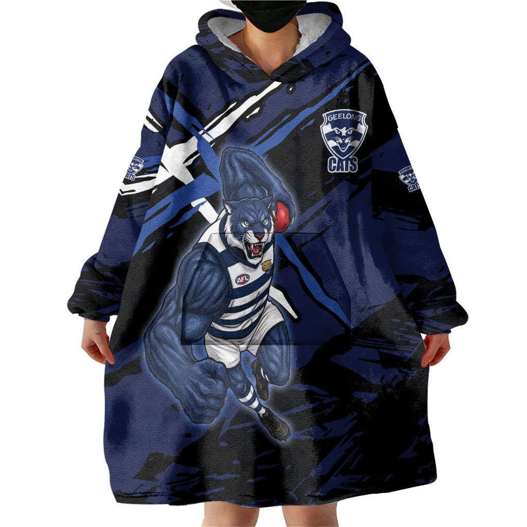 Geelong Football Club Wearable Blanket Hoodie Cats Muscular Mascot Graphic - Abstract Paint Splatter Art