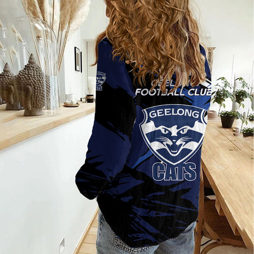 Geelong Football Club Women Casual Shirt Cats Muscular Mascot Graphic - Abstract Paint Splatter Art