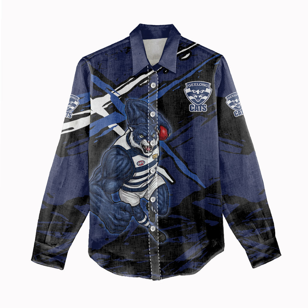 Geelong Football Club Women Casual Shirt Cats Muscular Mascot Graphic - Abstract Paint Splatter Art