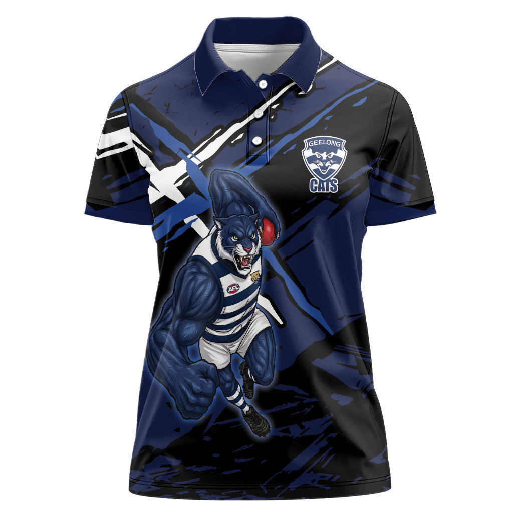 Geelong Football Club Women Polo Shirt Cats Muscular Mascot Graphic - Abstract Paint Splatter Art