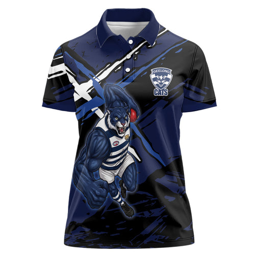 Geelong Football Club Women Polo Shirt Cats Muscular Mascot Graphic - Abstract Paint Splatter Art