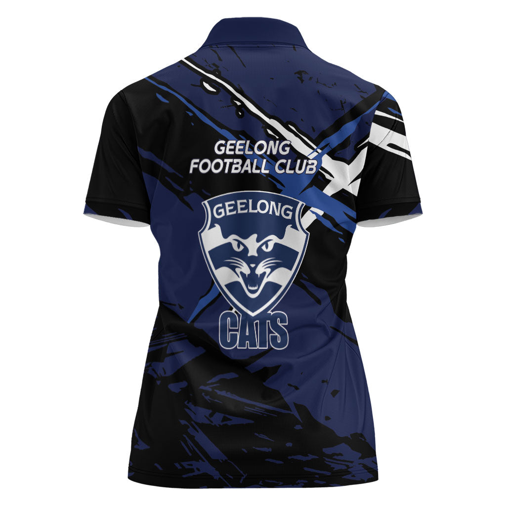 Geelong Football Club Women Polo Shirt Cats Muscular Mascot Graphic - Abstract Paint Splatter Art