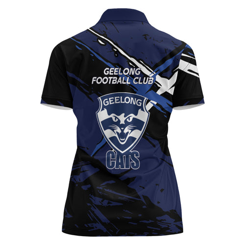 Geelong Football Club Women Polo Shirt Cats Muscular Mascot Graphic - Abstract Paint Splatter Art