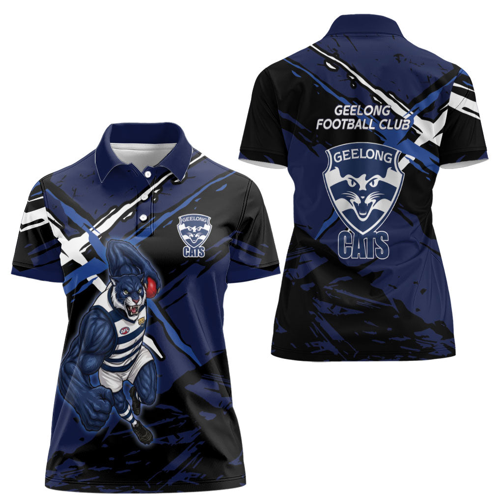 Geelong Football Club Women Polo Shirt Cats Muscular Mascot Graphic - Abstract Paint Splatter Art