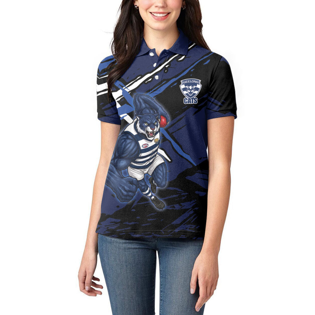 Geelong Football Club Women Polo Shirt Cats Muscular Mascot Graphic - Abstract Paint Splatter Art