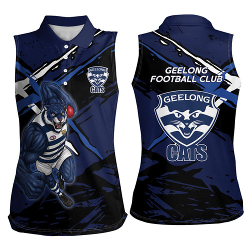 Geelong Football Club Women Sleeveless Polo Shirt Cats Muscular Mascot Graphic - Abstract Paint Splatter Art
