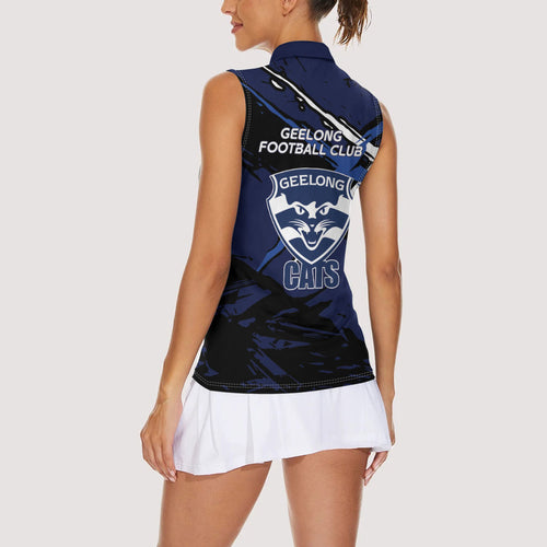 Geelong Football Club Women Sleeveless Polo Shirt Cats Muscular Mascot Graphic - Abstract Paint Splatter Art