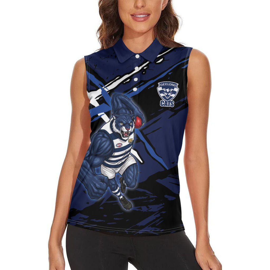 Geelong Football Club Women Sleeveless Polo Shirt Cats Muscular Mascot Graphic - Abstract Paint Splatter Art