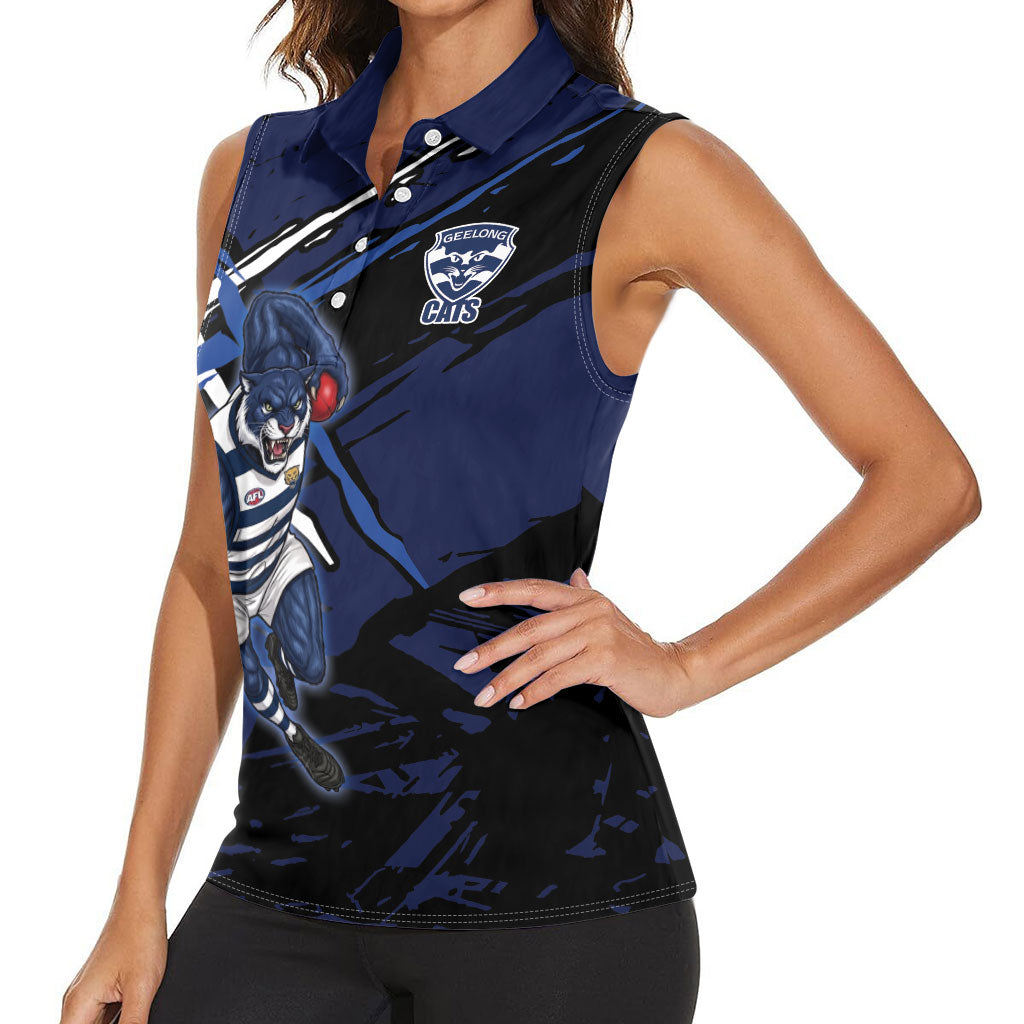 Geelong Football Club Women Sleeveless Polo Shirt Cats Muscular Mascot Graphic - Abstract Paint Splatter Art