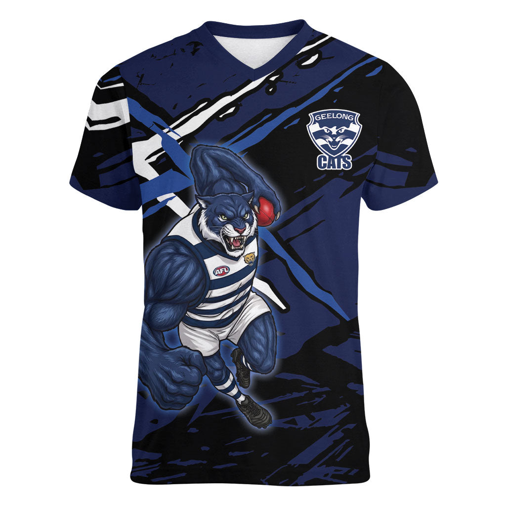 Geelong Football Club Women V-Neck T-Shirt Cats Muscular Mascot Graphic - Abstract Paint Splatter Art