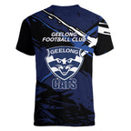 Geelong Football Club Women V-Neck T-Shirt Cats Muscular Mascot Graphic - Abstract Paint Splatter Art