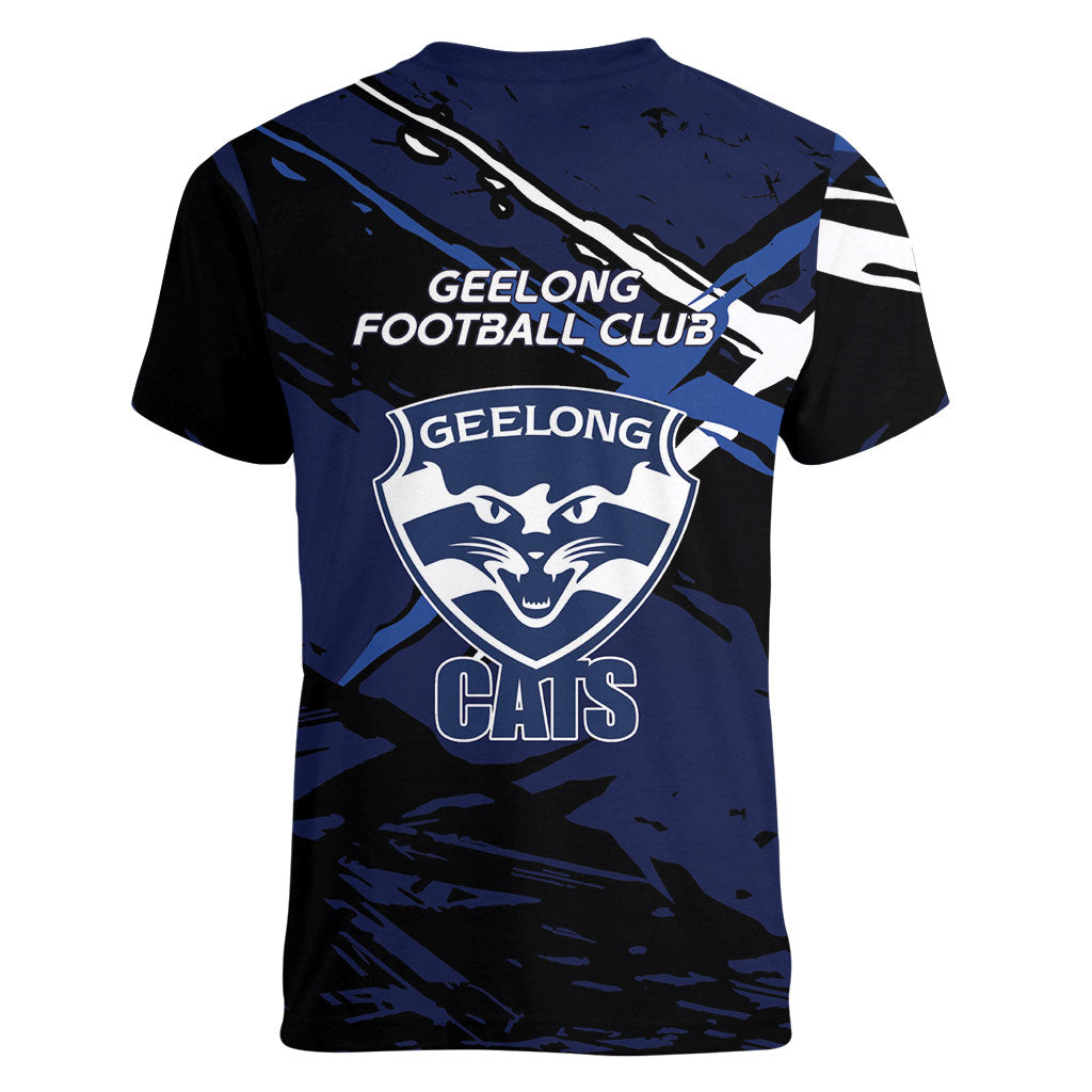 Geelong Football Club Women V-Neck T-Shirt Cats Muscular Mascot Graphic - Abstract Paint Splatter Art