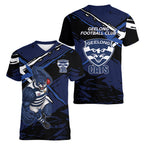 Geelong Football Club Women V-Neck T-Shirt Cats Muscular Mascot Graphic - Abstract Paint Splatter Art