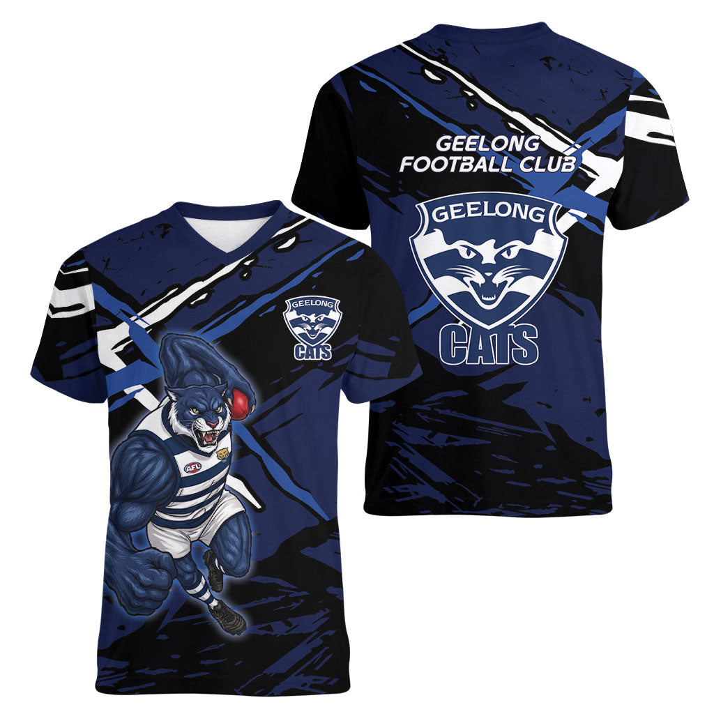 Geelong Football Club Women V-Neck T-Shirt Cats Muscular Mascot Graphic - Abstract Paint Splatter Art