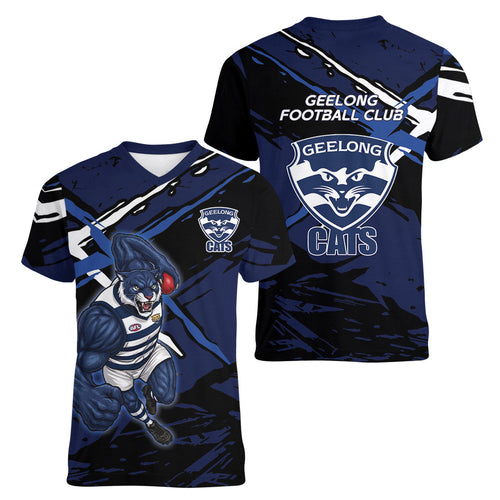 Geelong Football Club Women V-Neck T-Shirt Cats Muscular Mascot Graphic - Abstract Paint Splatter Art