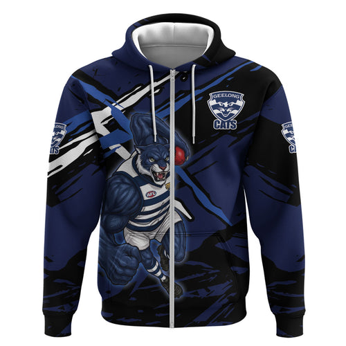 Geelong Football Club Zip Hoodie Cats Muscular Mascot Graphic - Abstract Paint Splatter Art