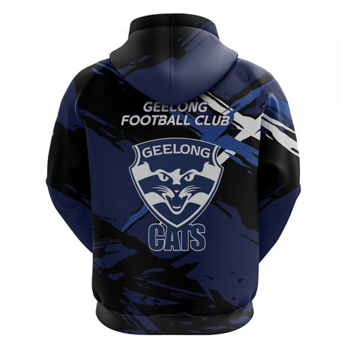 Geelong Football Club Zip Hoodie Cats Muscular Mascot Graphic - Abstract Paint Splatter Art