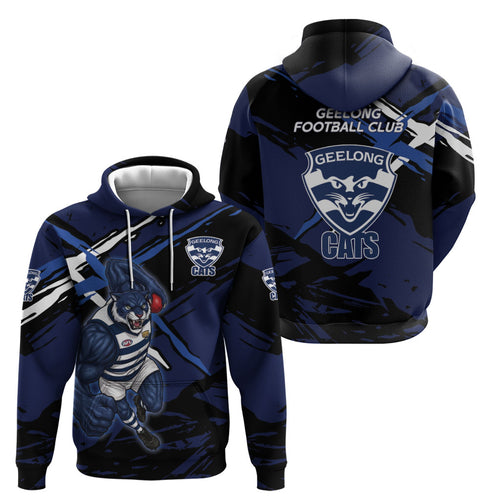 Geelong Football Club Zip Hoodie Cats Muscular Mascot Graphic - Abstract Paint Splatter Art