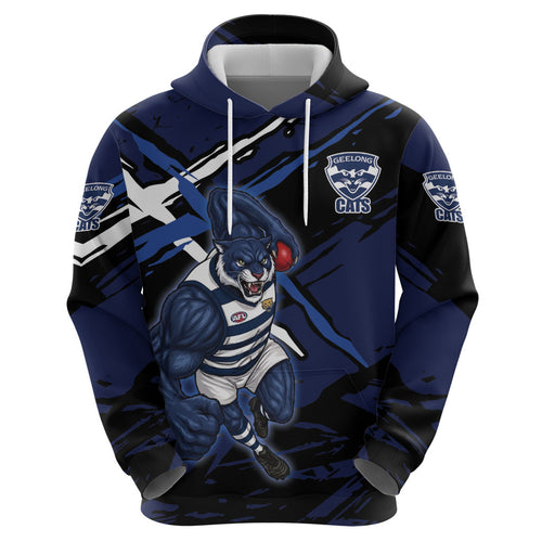 Geelong Football Club Zip Hoodie Cats Muscular Mascot Graphic - Abstract Paint Splatter Art