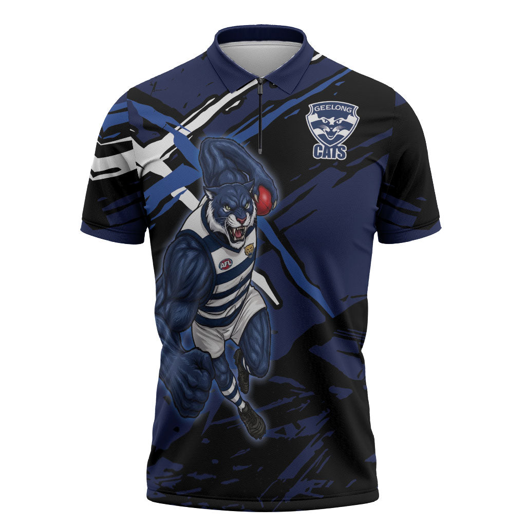Geelong Football Club Zipper Polo Shirt Cats Muscular Mascot Graphic - Abstract Paint Splatter Art
