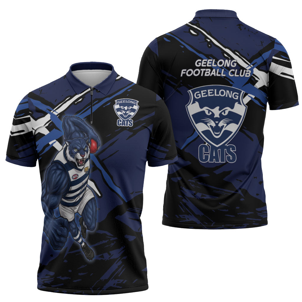 Geelong Football Club Zipper Polo Shirt Cats Muscular Mascot Graphic - Abstract Paint Splatter Art