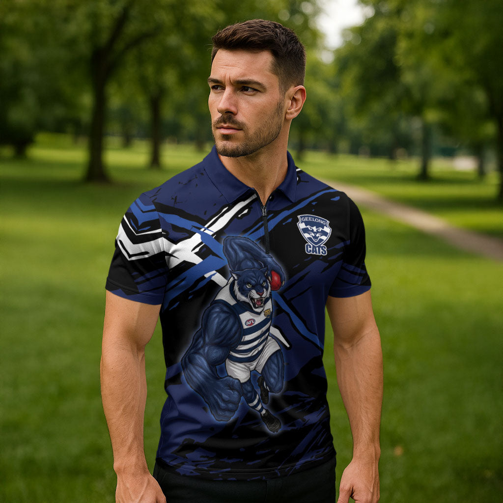 Geelong Football Club Zipper Polo Shirt Cats Muscular Mascot Graphic - Abstract Paint Splatter Art