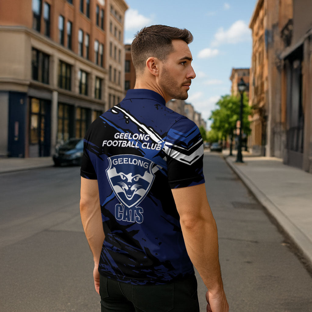 Geelong Football Club Zipper Polo Shirt Cats Muscular Mascot Graphic - Abstract Paint Splatter Art