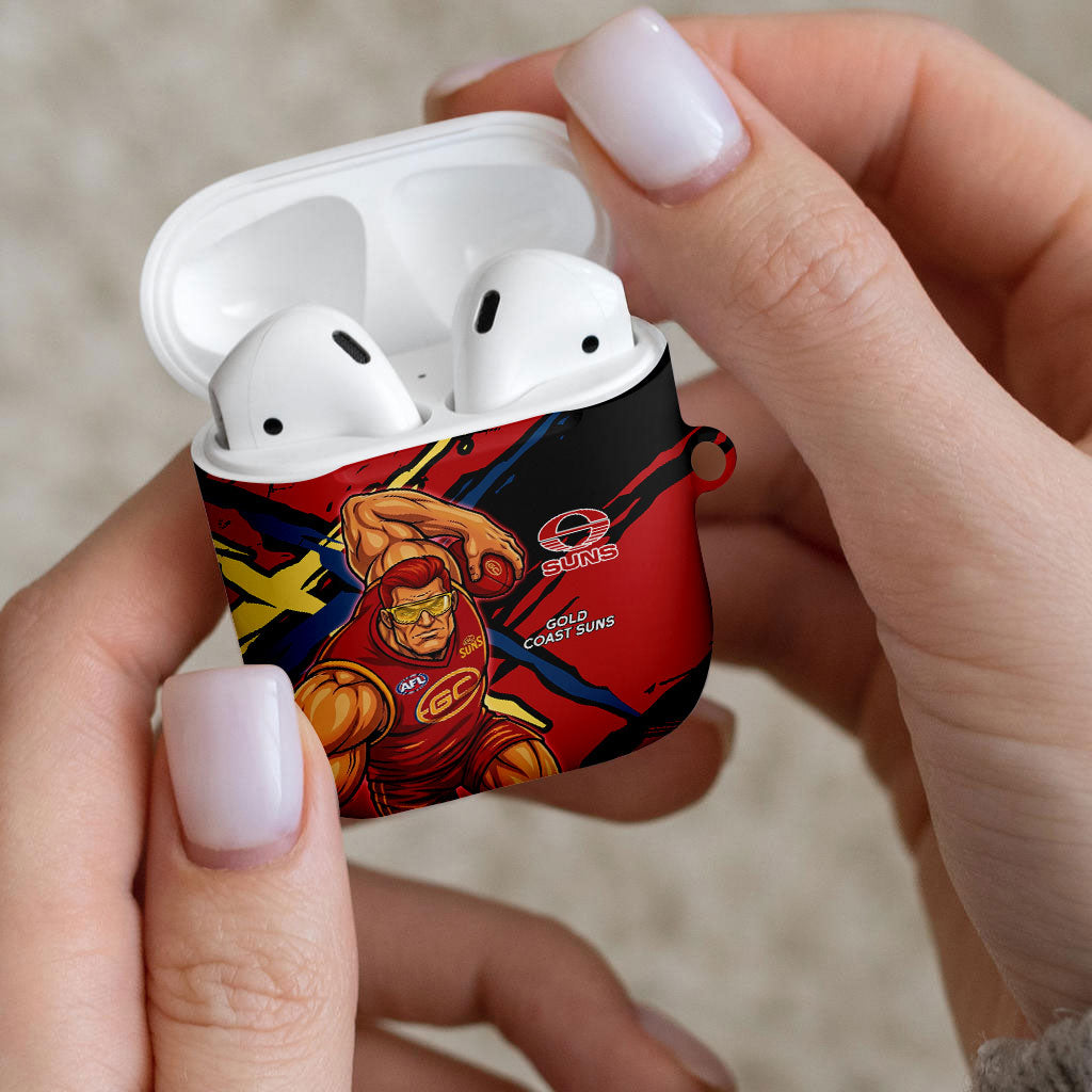 Gold Coast Suns AirPods Case Suns Muscular Mascot Graphic - Abstract Paint Splatter Art