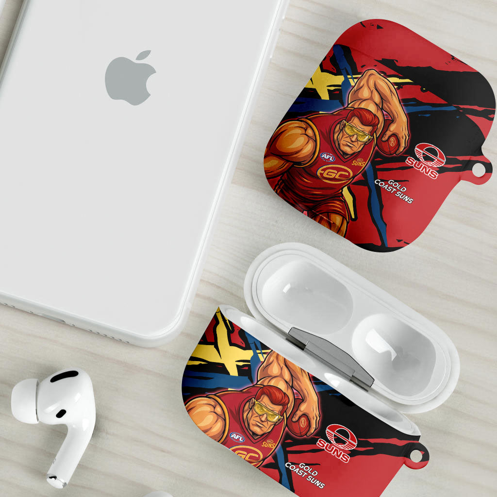 Gold Coast Suns AirPods Case Suns Muscular Mascot Graphic - Abstract Paint Splatter Art