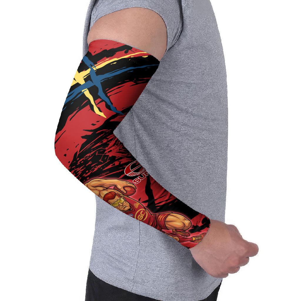 Gold Coast Suns Arm Sleeves Suns Muscular Mascot Graphic - Abstract Paint Splatter Art